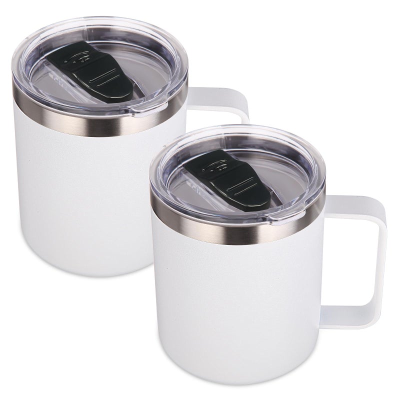 Volhoply 14oz Insulated Stainless Steel Coffee Mug with Lid Bulk 2 Pack Double Wall Vacuum Travel Coffee Cup with Handle Reusable Metal Cups Tumbler Camping Mugs Keep Hot Ideal Gifts(White 2) - Image 1